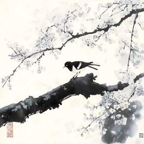 Monochrome Bird and Blossom Art
