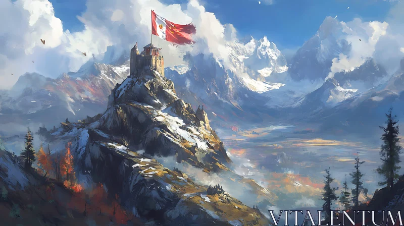 AI ART Mountain Castle with Waving Flag