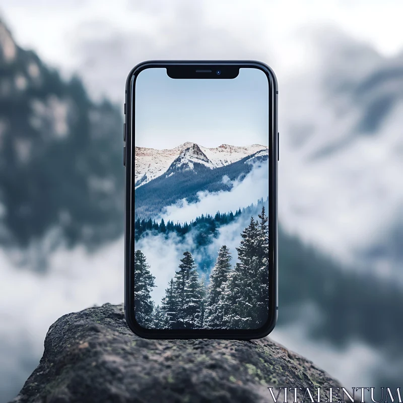 Mobile Phone Showing Mountain Landscape AI Image