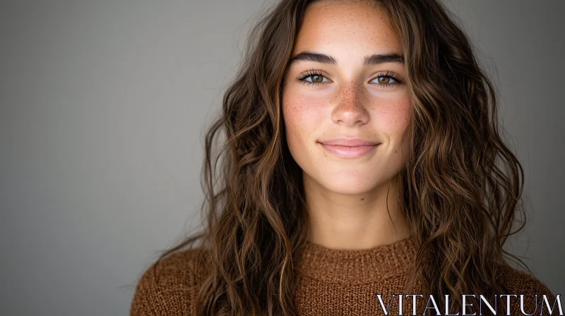 Natural Beauty Portrait of a Woman with Brown Hair and Freckles AI Image