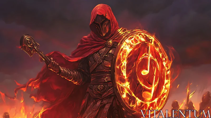 AI ART Red Hooded Warrior with Fiery Shield