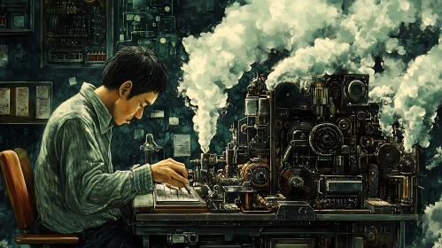 Man Working on Steampunk Device