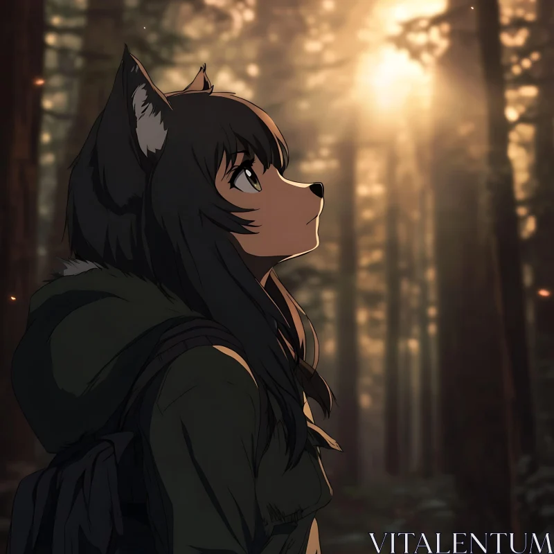 Forest Gaze: Anime Wolf Girl Portrait AI Image