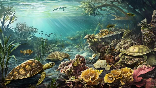 Underwater Scene with Turtles and Reef