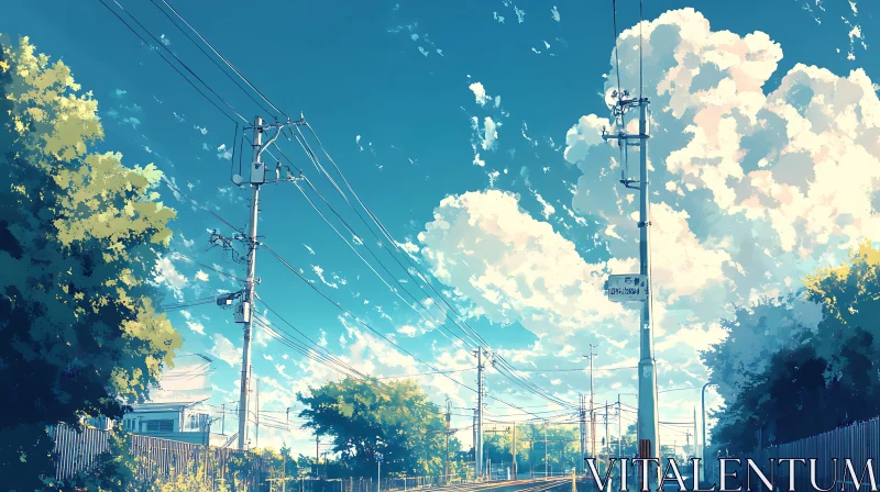 Peaceful Daytime Electric Poles with Clear Sky and Clouds AI Image