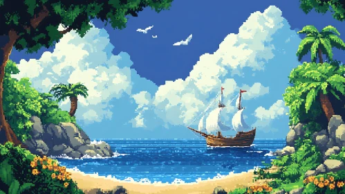 Pixelated Tropical Island Getaway at Sea