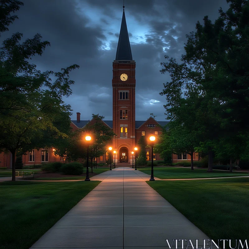 Historical Brick Building with Clock Tower AI Image