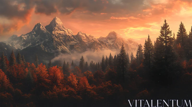 Snowy Peaks and Autumnal Forest Scenery AI Image