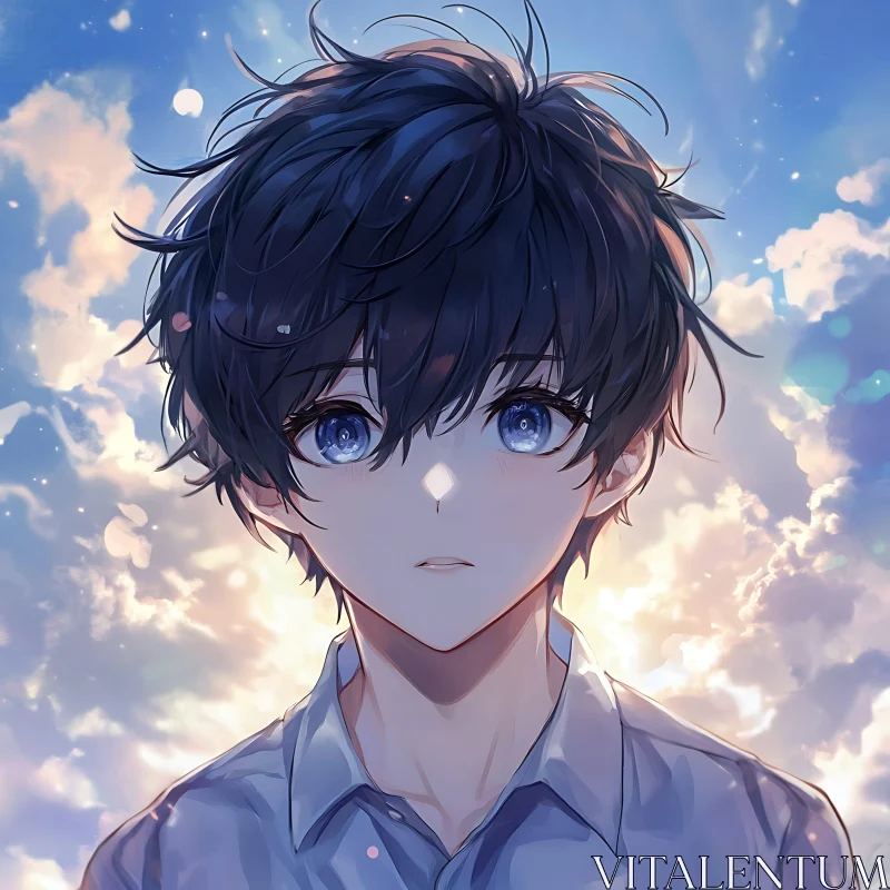 Serene Anime Boy with Blue Eyes and Cloudy Background AI Image