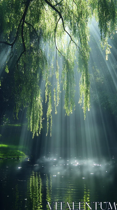 AI ART Tranquil Pond Under Willow Tree