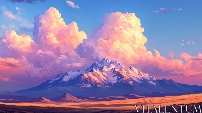 AI ART Snowy Mountain Range with Pink Clouds