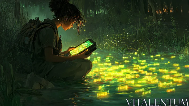Mystical Forest Scene With Woman and Tablet AI Image
