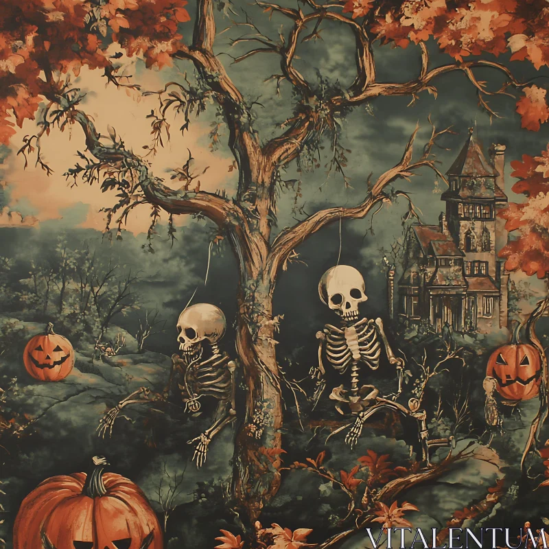Spooky Skeletons and Pumpkins in Autumnal Setting AI Image