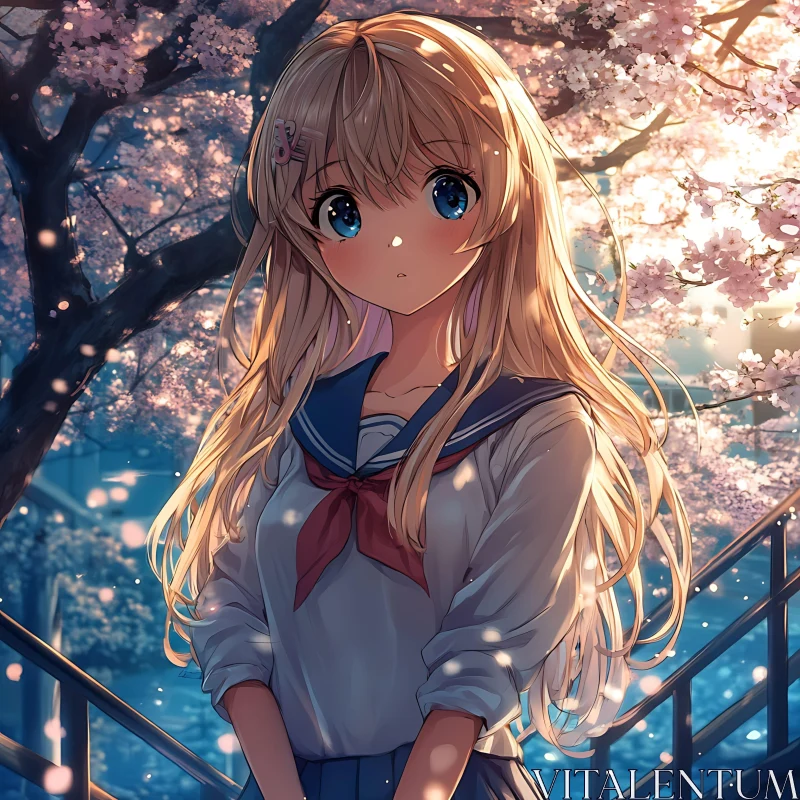 Blonde Anime Girl with Blue Eyes in Spring AI Image