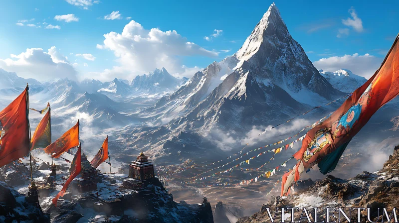 Mountain Range with Flags and Village AI Image