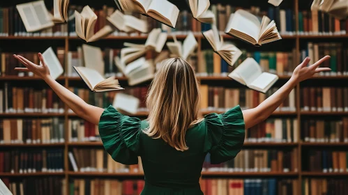 Woman with Floating Books Art Print