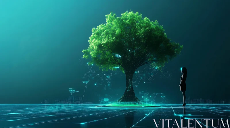 Digital Tree and Contemplative Figure AI Image