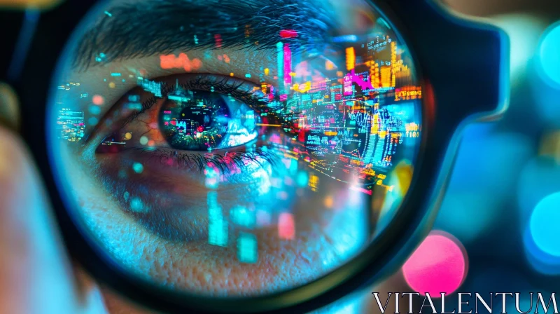 Eye with Glasses Reflecting Digital Cityscape AI Image