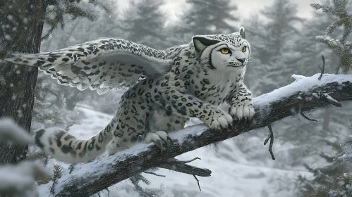 Fantasy Feline: Winged Leopard in Snow