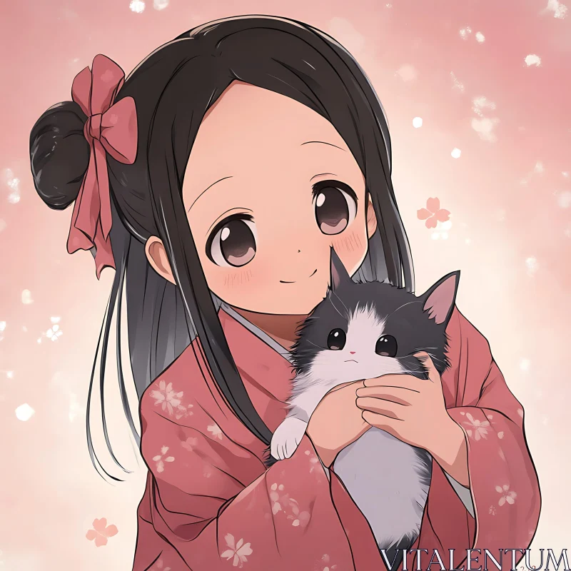 Charming Anime Girl in Traditional Kimono Holding Cat AI Image