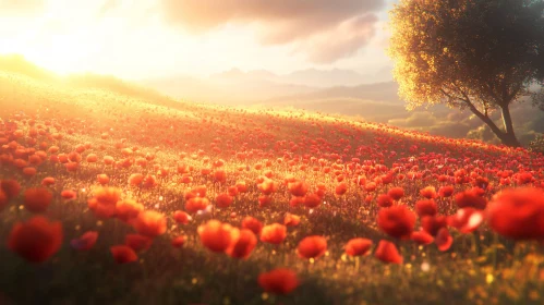 Heavenly Poppy Field at Sunset