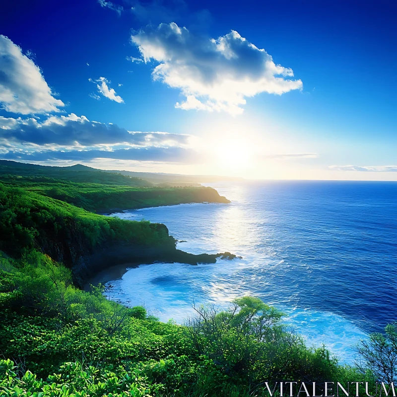 Coastal Greenery and Sunlight AI Image