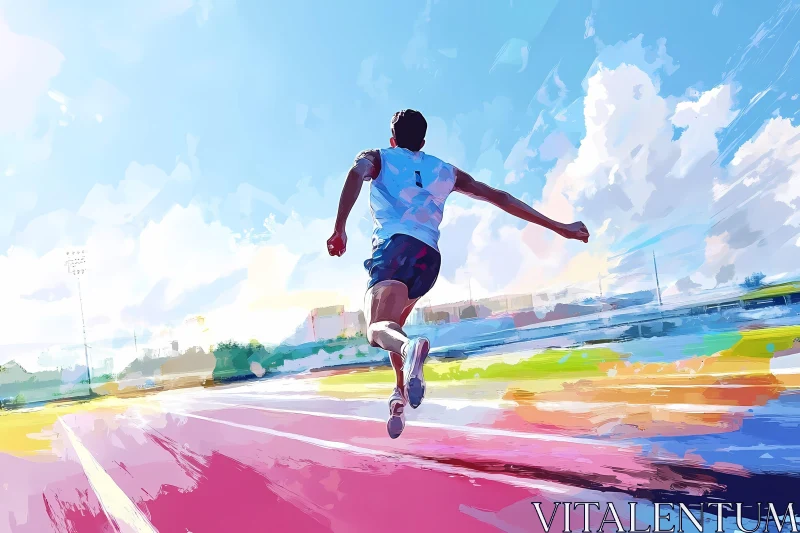 AI ART Energetic Track Athlete Running Under a Bright Blue Sky