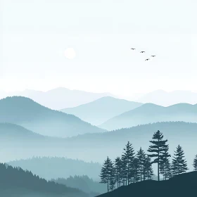 Misty Mountain Landscape with Birds