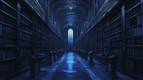 Dimly Lit Grand Library Interior