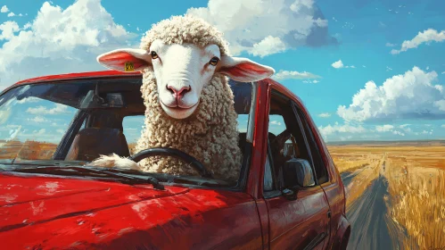 Surreal Scene of a Sheep Behind the Wheel