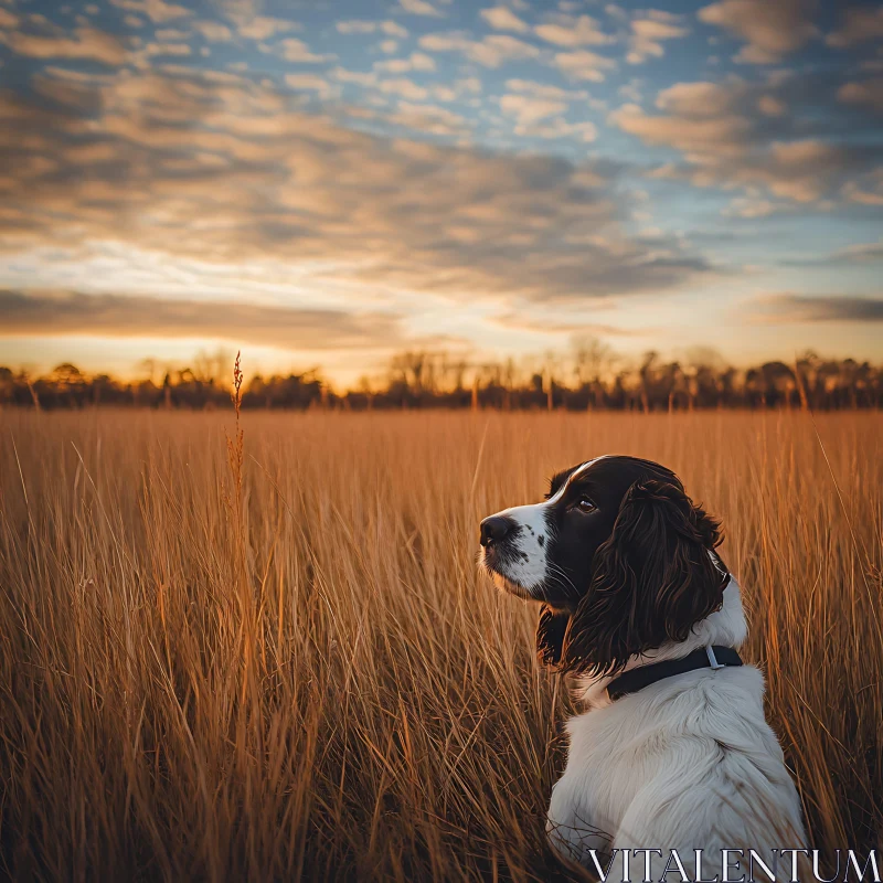 A Peaceful Scene of a Dog in a Field During Sunset AI Image