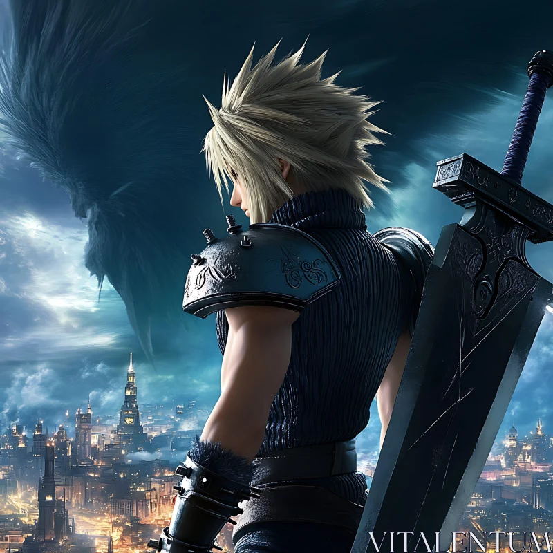 Epic Anime Swordsman with Urban Backdrop AI Image