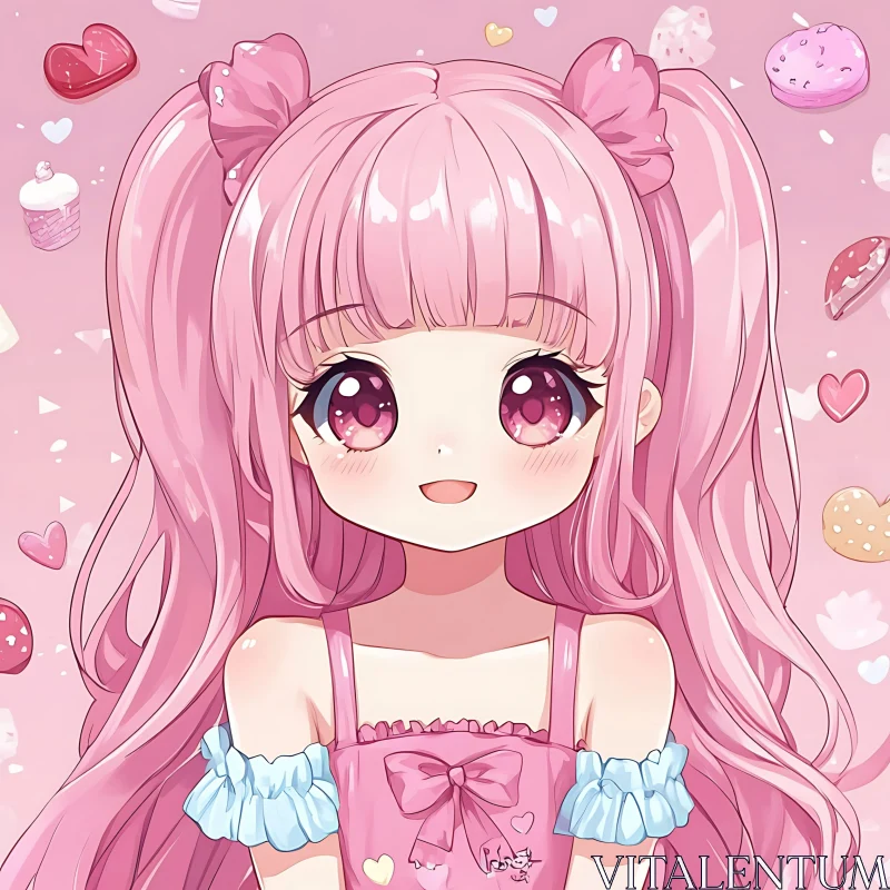 Cute Anime Girl with Pink Hair and Hearts AI Image