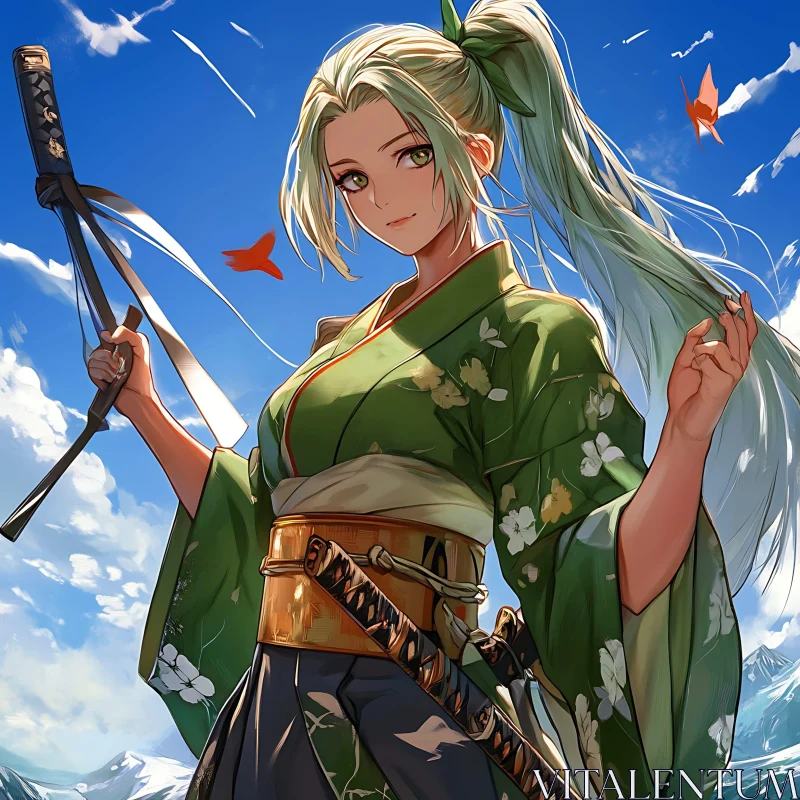 Anime Woman with Sword in Green Kimono Amidst Blue Sky AI Image