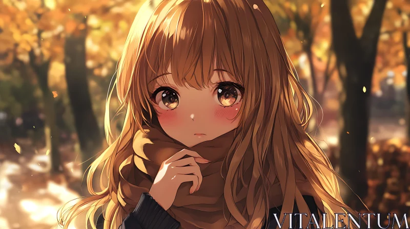 Blonde Anime Girl in Cozy Scarf Amidst Autumn Trees AI Image