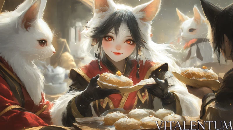 Fantasy Anime Characters Enjoying Desserts AI Image