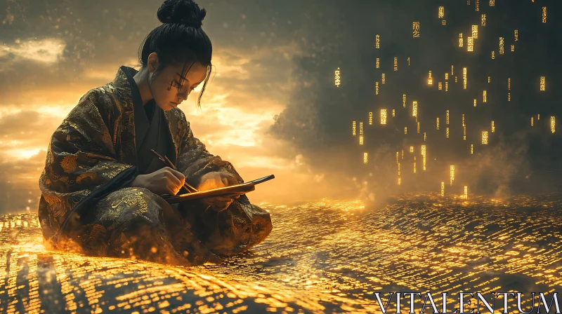 Woman in Kimono Writing on Glowing Tablet AI Image