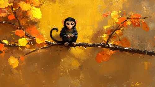 Playful Monkey on Autumn Branch