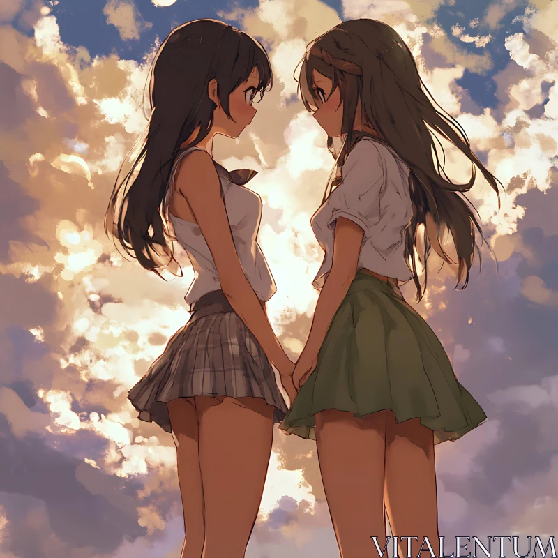 Anime Girls Holding Hands at Sunset AI Image