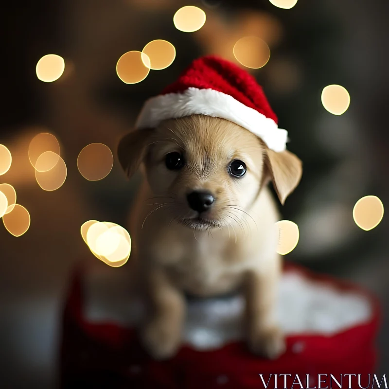 Cute Christmas Puppy with Santa Hat and Glowing Lights AI Image