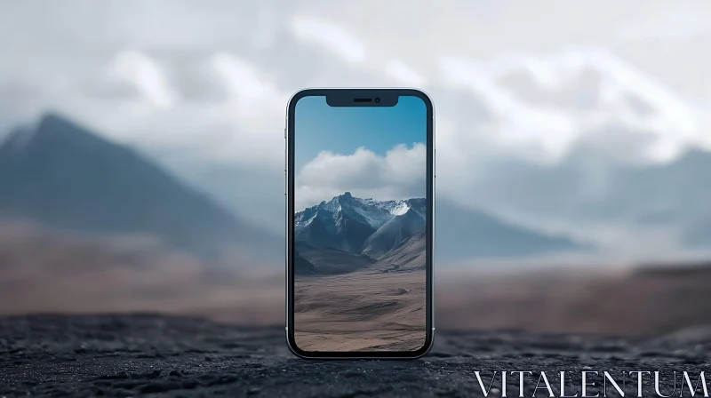 AI ART Phone Displaying Mountain Landscape