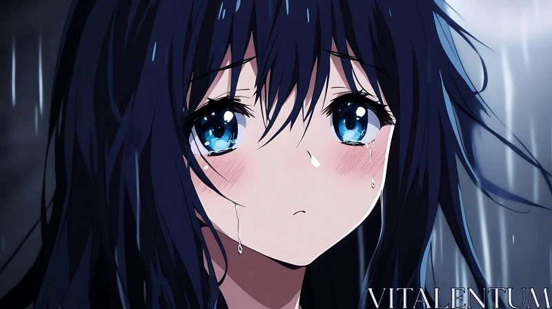 Tearful Anime Girl in Rainy Scene AI Image