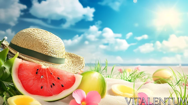 Beach Picnic with Watermelon and Hat AI Image