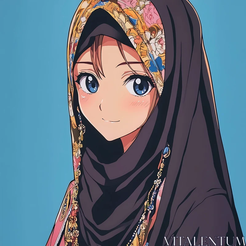 Anime Girl in Floral Hijab AI Image