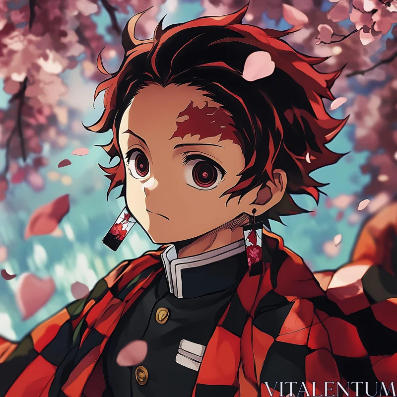 Anime Character with Red Eyes and Cherry Blossoms AI Image