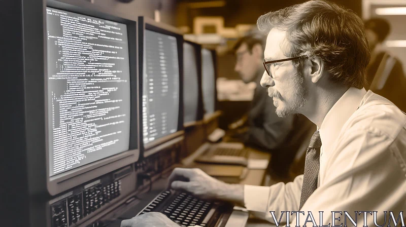 Sepia-toned Man Coding on Old Computer AI Image