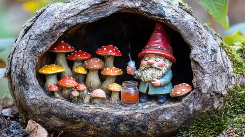 Enchanted Gnome in Log with Fungi