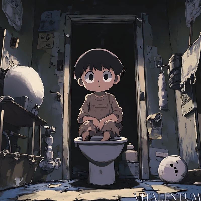 Innocent Child in an Eerie Bathroom Scene AI Image