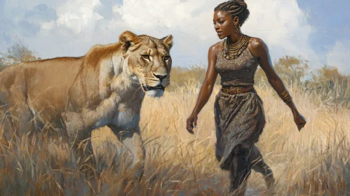 African Woman and Lioness Companionship Art