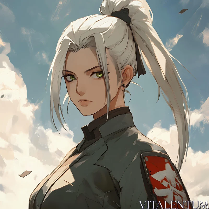 Anime Girl with White Hair in Military Uniform AI Image